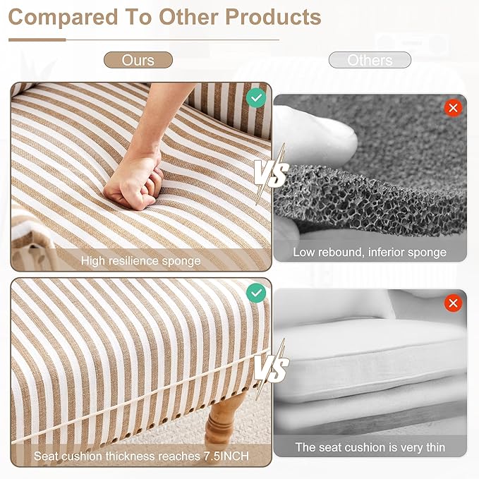 HUIMO Linen Fabric Accent Chair, Mid-Century Modern Armchair with Solid Wood Legs, Single Sofa Chair,Upholstered Reading Club Chair (1, Brown and White Stripe)