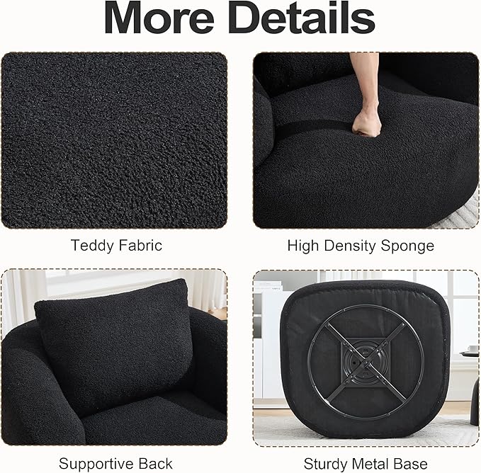 Luxlen Swivel Accent Chair with Pillow for Living Room, Teddy Fleece Upholstered Single Sofa, 360° Rotating Barrel Chair with Metal Base for Bedroom, Office, Apartment - Black