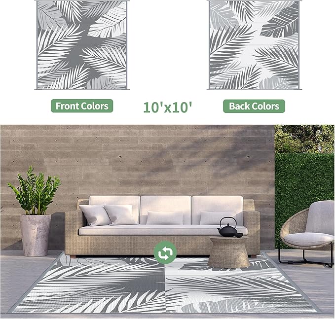 GENIMO Outdoor Rug 10' x 10' Waterproof for Patios Clearance, Reversible Outdoor Plastic Straw Camping Rug Carpet, Large Area Rugs Mats for RV, Camper, Deck, Balcony, Porch, Beach, Picnic, Grey&White