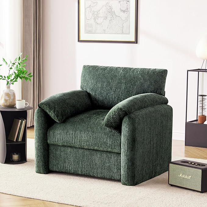 Chenille Oversized Armchair, 38.6" Wide Accent Chairs for Living Room & Bedroom Modern Lounge Chair, Upholstered Mid-Century Reading Chair, Comfy Living Room Chair, Single Sofa Chair, Green