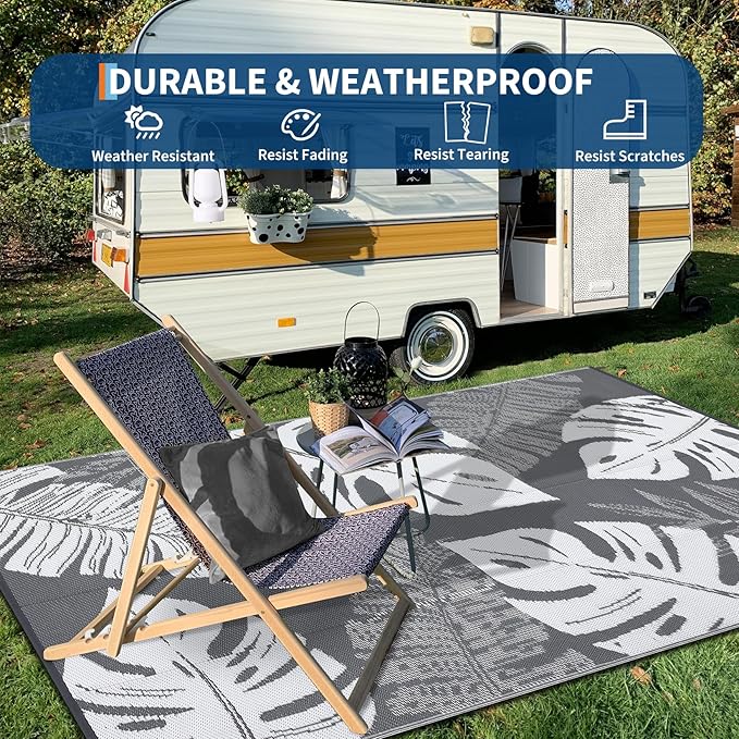 GAOMON Waterproof Outdoor Rug 8x10 Reversible Outdoor Plastic Straw Rug Modern Patio Carpet, Foldable Lightweight RV Camping Mat with Portable Bag & 4 Stakes, UV Resistant & Sturdy for Picnic, Grey