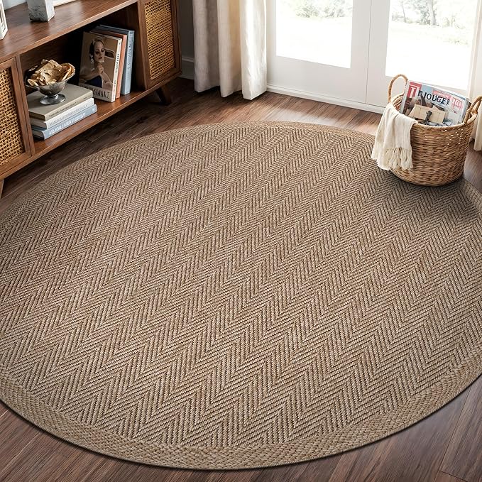 CAMILSON Easy Jute Round Rug 4ft Indoor Outdoor Natural Color Fiber Area Rugs for Living Room Patio and Kitchen Rug Herringbone Woven Design Easy-Cleaning Washable Outside Carpet Alfombras (4 Round)