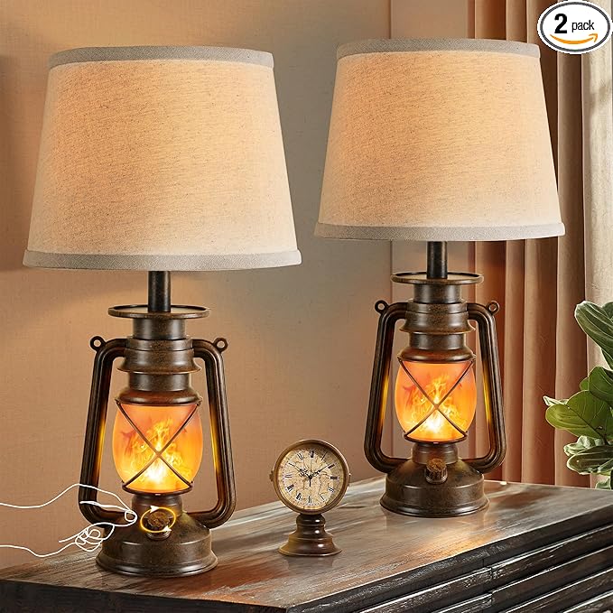 LEDIARY 18.72" LED Vintage Lantern Flickering Flame Table Lamps for Bedrooms Set of 2, Small Farmhouse Rustic Vintage End Table Lamps, Halloween Decorative Lantern Bedside Lamps for Living Room
