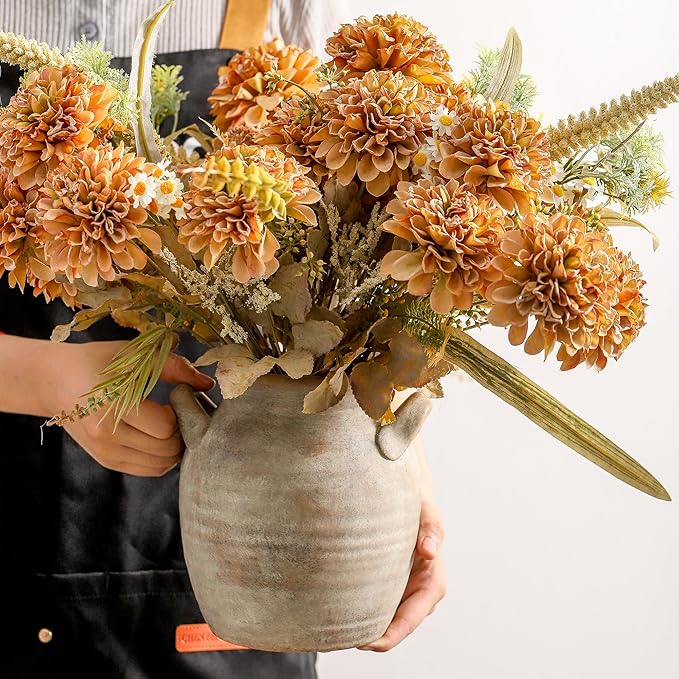 Ceramic Flower Vase Home Decor - Farmhouse Table Vases with Handle Living Room Decoration Vintage Decorative Aesthetic for Shelf Coffee Dining Desk House Bookshelf Fireplace (7.1" Retro)