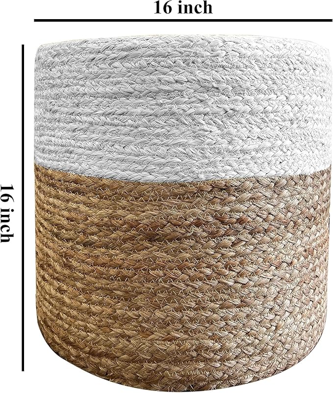 Jute Pouf Ottoman | Footrest Pouf | Hand Braided - Round Boho Pouffe - for Living Room, Bedroom, Nursery (16"x16"x16") Ivory