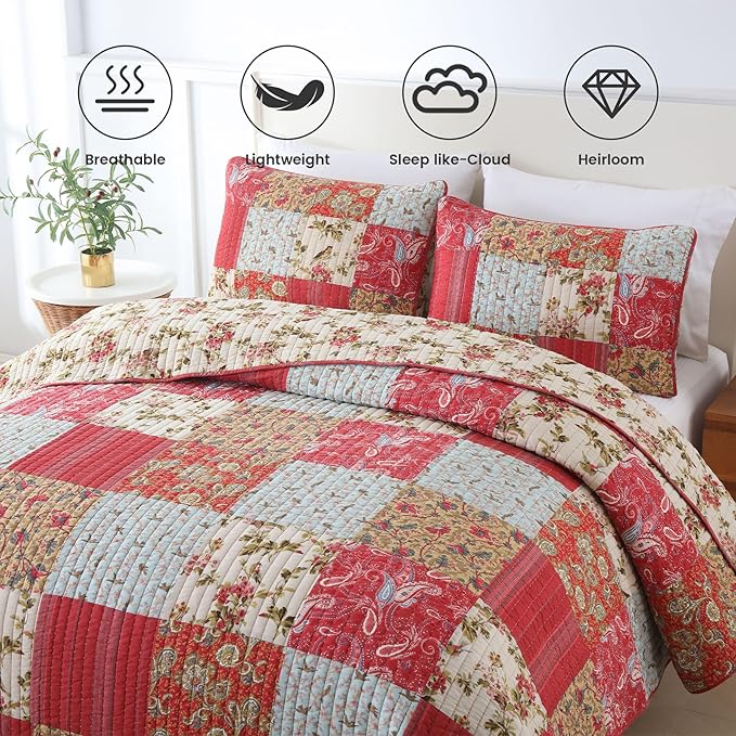 Secgo King Size Comforter Set- 100% Cotton Quilt King Size Set, Green, Sage bedspreads (96 * 108 Inch) with 2 Pillow Shams, Patchwork Reversible Lightweight Bedding