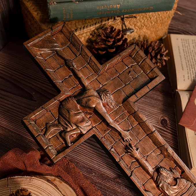 BGCOPPER Crucifix Wall Cross Handmade Wooden Cross with Hook, Christian Wall Art Jesus Wall Cross Gifts for Church Home Room Decor Christmas Cross - 6 Inch