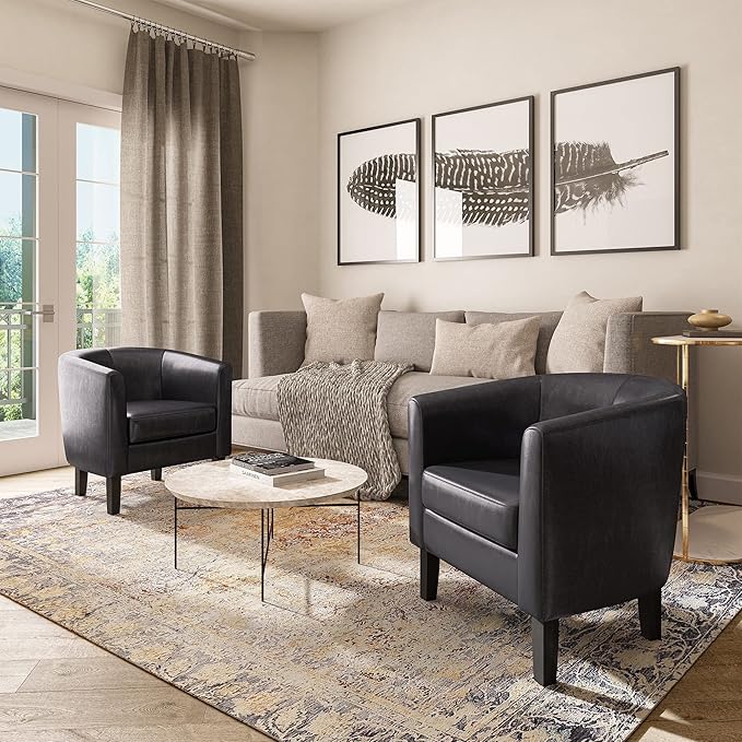 BELLEZE Accent Barrel Chair, Set of 2 Faux Leather Round Club Tub Sofa Corner Chair with Flared Legs and Cozy Soft Padding for Living Room Bedroom Waiting Room - Black