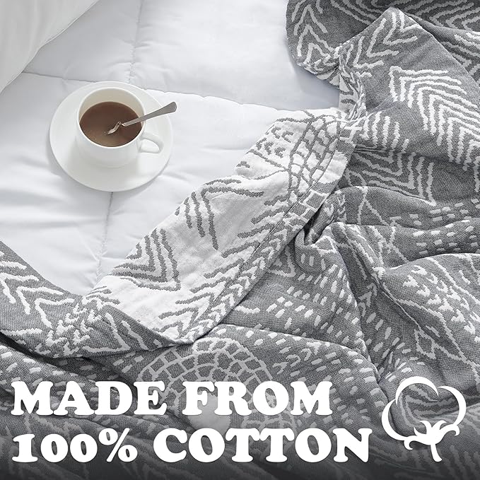jinchan Boho 100% Cotton Muslin 50x60 Throw Blanket Lightweight 3 Layer Grey Blanket Washable Reversible Breathable Decorative Geometric Striped Patterned Gray Soft Cozy for Sofa Bed All Season Gift