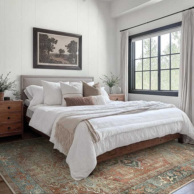 GENIMO Machine Washable 10x14 Area Rugs for Living Room, Non Slip Vintage Rugs, Low Pile Lightweight Chenille Print Rug for Bedroom, Dining Room, Home Office, Red Multi