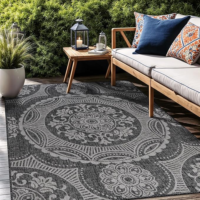 Medallion Outdoor Rug 9x12 Washable Outside Carpet for Indoor Patio Porch Waterproof Easy Cleaning Non Shedding Area Rugs Dark Gray 9 x 12