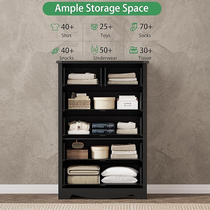 Dresser for Bedroom with 6 Drawers, 46" Tall Wood Chest of Drawers with Deep Drawers & Mental Handle, Modern Dresser TV Stand, Wooden Closet Storage Organizer for Living Room, Hallway, Entryway, Black