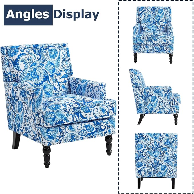 Accent Chair, Modern Comfy Mid-Century Anthropologie Accent Chairs, Linen Upholstered Wingback Lounge Arm Chair with Solid Wood,Single Floral Pattern Chair for Living Room/Balcony/Bedroom