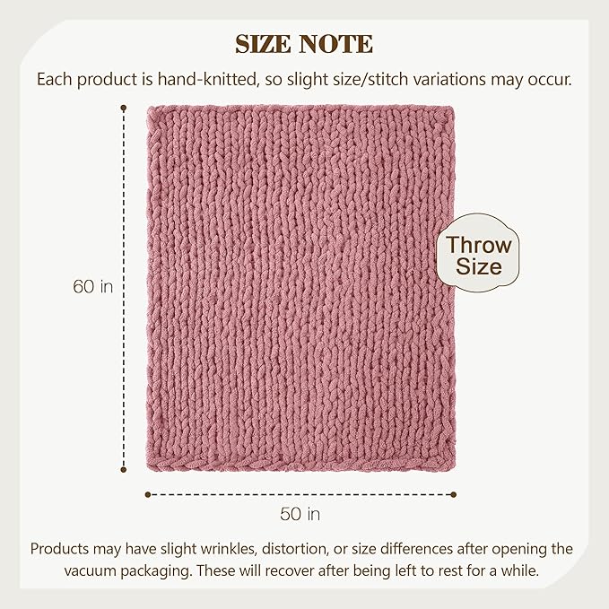 Carriediosa Chunky Knit Throw Blanket 50" X 60", 100% Hand Made Large Chenille Loop Yarn Soft Fluffy Throws for Couch Sofa Bed, Big Crochet Cozy Heavy Thick Cable Woven Blanket, Mauve