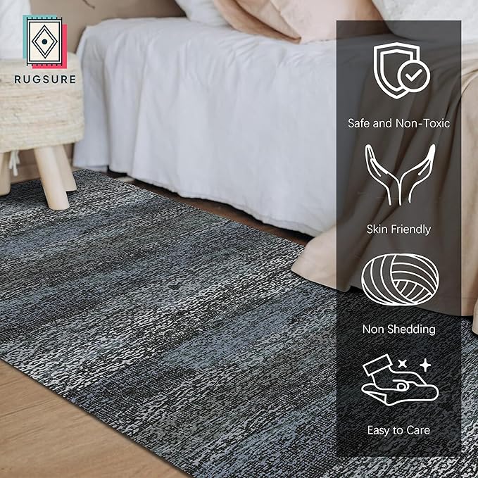 RUGSURE Washable Area Rug - 1/6 Thick - Stain & Water Resistant Non-Slip - Resistant Rug for Living Room, Bedroom, Nursery, Pet & Child Friendly, Vintage Charm Area Rugs (Darkgrey+Bule, 2'6'' x 8')