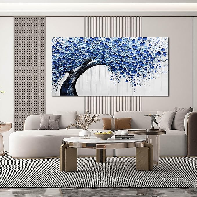 Large Wall Art for Living Room Bedroom Home Office Blue Tree of Life Wall Art Floral Picture Framed Wall Decor Modern Canvas Prints 29x59 In