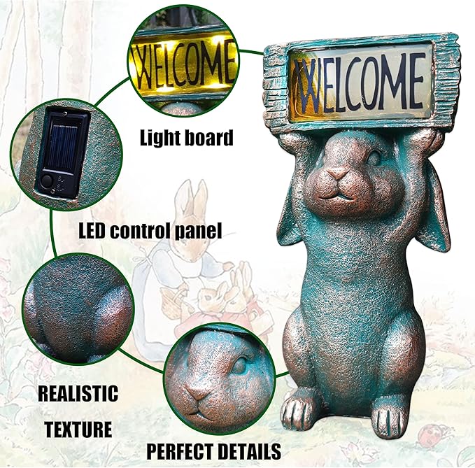 Rabbit Solar Welcome Garden Statues Outdoor Décor-Rabbit Figurines Solar LED Light Lawn Ornaments - Yard Decorations for Patio, Balcony, Backyard -Unique House Warming Gifts for Mom