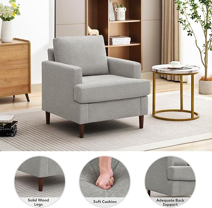 Mid-Century Accent Chair,Modern Linen Fabric Armchair for Living Room,Comfy Upholstered Reading Accent Chairs for Bedroom,Single Sofa Chair with Wood Legs (Light Grey, 1 Pack)