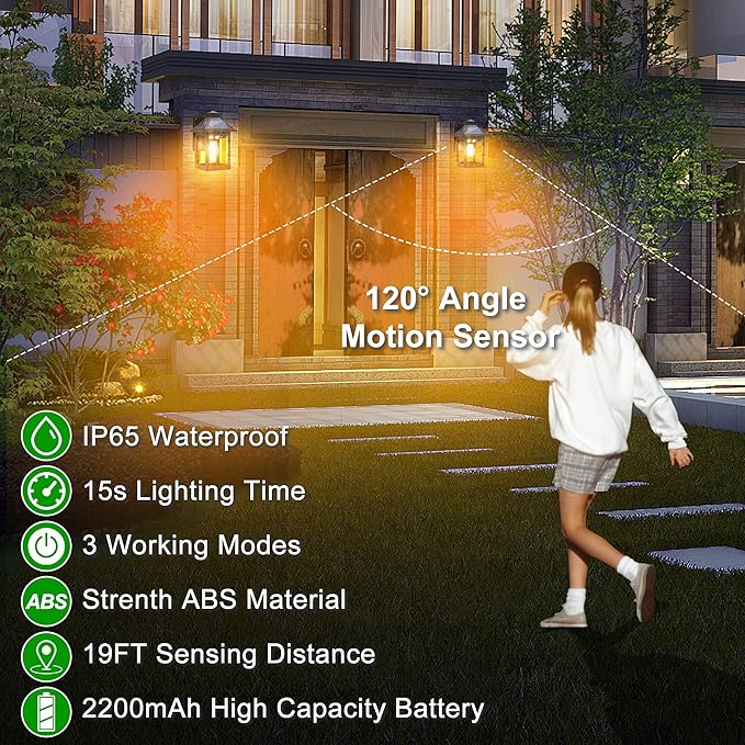 Solar Powered Wall Lanterns Outdoor with 3 Modes, Dusk to Dawn Motion Sensor LED Sconce Lights Waterproof, Exterior Front Porch Security Lamps Wall Mount Patio Fence Decorative Light Fixtures