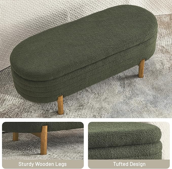 Furniliving 46” Storage Benches, End of Bed Bench with Button-Tufted Large Upholstered Storage Ottoman Teddy Window Bench with Storage Shoe Cabinet Bench, for Bedroom, Entryway, Closet, Green
