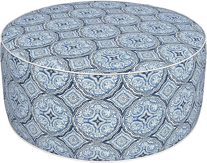 Inflatable Ottoman Stool D31 xH14 for Outdoor/Indoor Use, Water Repellent Patio Foot Rest Stool with Portable Handle,Round Pouf Ottoman Suitable for Garden,Deck and Camping - Medallion Blue
