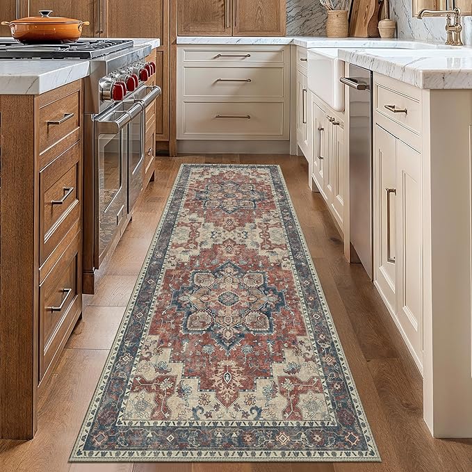 GENIMO 2x10 Runner Rugs for Hallway, Machine Washable Non Slip Vintage Rugs, Low Pile Lightweight Soft Print Rug for enrtyway, Corridor, Home Office, Kitchen, Bordeaux