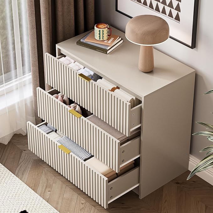 Fluted Dresser for Bedroom, 32 Inch Wide Nightstand with Large Drawer, 3 Drawer End Table for Bedroom, Living Rooms, Offices, and Entryways, Beige