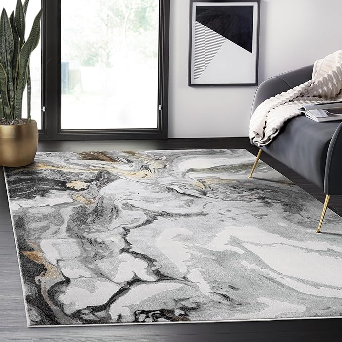 Abani Regal Collection Area Rug - Abstract Dark Grey Cracked Stone Design - 6' x 9' - Washable - for Living Room, Bedroom & Office
