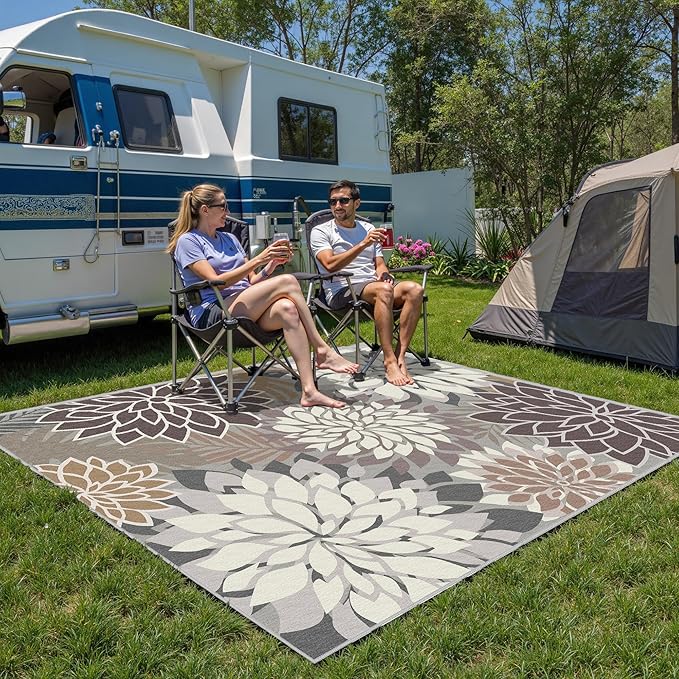 Indoor Outdoor Area Rug Washable Multicolored Patio Rug Tropical Botanical Modern Floral Indoor Outdoor Carpet Brown White Rug Non Slip Non Shedding for Patio, Deck, Backyard, Porch (8x10)