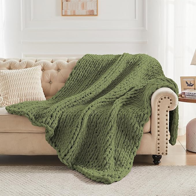 Carriediosa Chunky Knit Throw Blanket 50" X 60", 100% Hand Made Large Chenille Loop Yarn Soft Fluffy Throws for Couch Sofa Bed, Big Crochet Cozy Heavy Thick Cable Woven Blankets, Olive Green