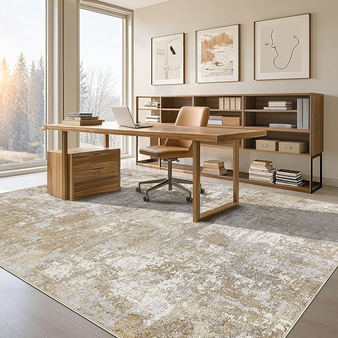 Tortania Washable 9x12 Area Rug for Living Room: Modern Abstract Neutral Large Soft Thin Rugs - Non Slip Indoor Carpet for Bedroom Dining Room Office Nursery Home Floor Decoration - Brown Grey
