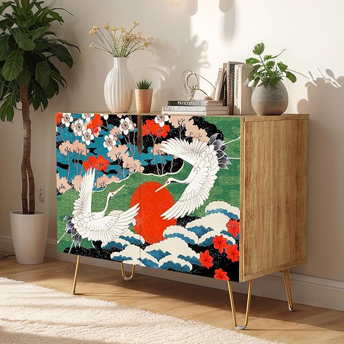 SIGNWIN Sideboard Buffet Cabinet, Kitchen Storage Cabinet with 2 Doors, Chinese Exotic Crane Bird, Cupboard Console Table for Dining Room - 35" L x 18" W x 29" H