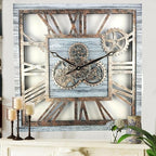 The Gears Clock 24'' Inch Square Real Moving Gear Wall Clock Vintage Industrial Oversized Rustic Farmhouse (Silver Grey)