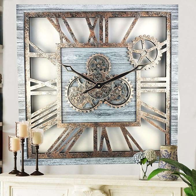 The Gears Clock 24'' Inch Square Real Moving Gear Wall Clock Vintage Industrial Oversized Rustic Farmhouse (Silver Grey)