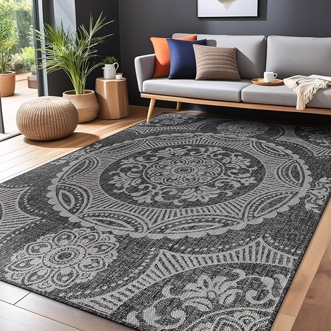 Medallion Outdoor Rug 5x7 Washable Outside Carpet for Indoor Patio Porch Waterproof Easy Cleaning Non Shedding Area Rugs Dark Gray 5 x 7