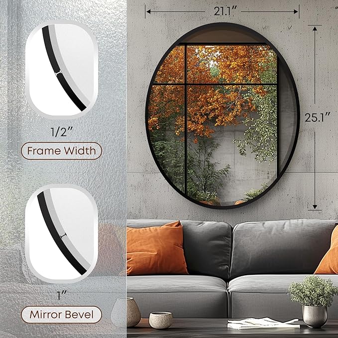 OVALCREST - Oval Wooden Beveled Wall Mirror for Home Decor, Bathroom, Vanity, Bedroom, Living Room, Hallway - London Style (Matte Black) 21.1 x 25.1