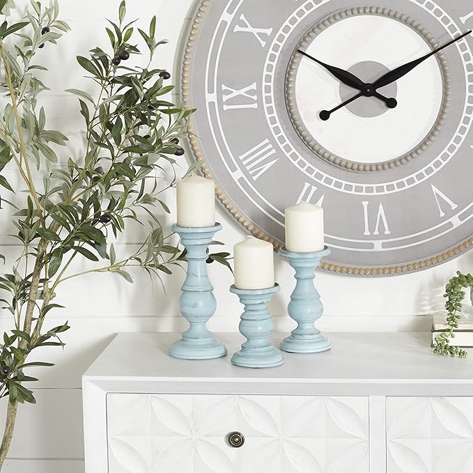 Deco 79 Mango Wood Decorative Candle Holder Distressed Turned Pillar Candle Stand, Set of 3 Candlestick Holder 6", 8", 10"H, Light Blue