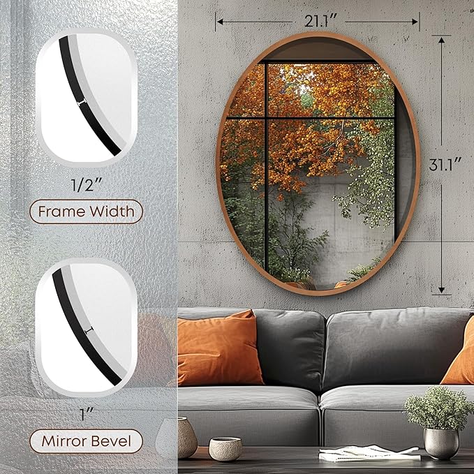 OVALCREST - Oval Wooden Beveled Wall Mirror for Home Decor, Bathroom, Vanity, Bedroom, Living Room, Hallway - London Style (Sunset Gold) 21.1 x 31.1