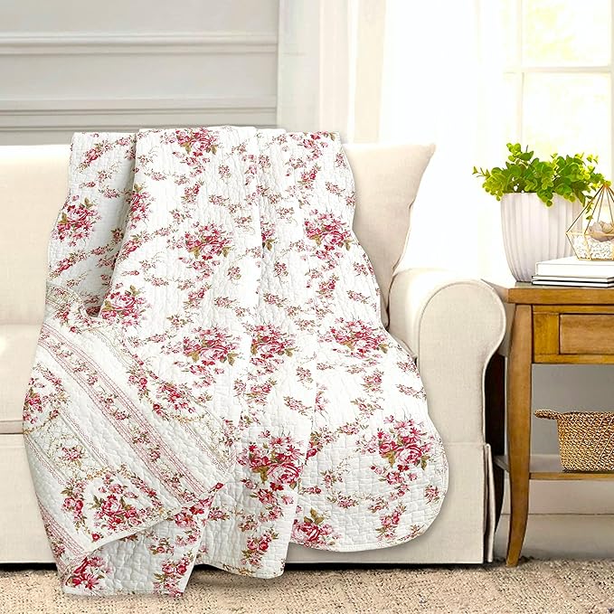 ozy Line Home Fashions Floral Reversible 100% Cotton Bedding Quilted Throw Blanket, Reversible & Lightweight, 60" x 50" Inch (Throw, Vintage Rose)