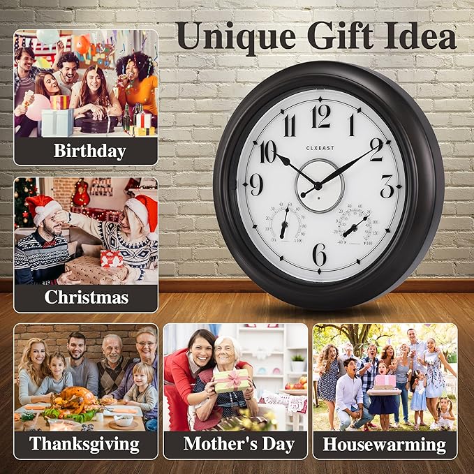 CLXEAST Illuminated Indoor Outdoor Clocks Waterproof 18 inch with Smart Night Light Sensor,Large Wall Clock with Thermometer & Hygrometer,Oil Rubbed Bronze Black,House Warming Gifts New Home