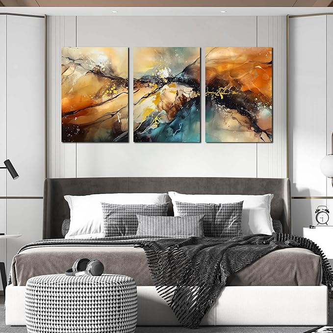 Abstract Living Room Pictures Wall Decor - Modern Bedroom Wall Decor Above Bed - Large 3 Piece Canvas Wall Art for Office Size 24" x 36"