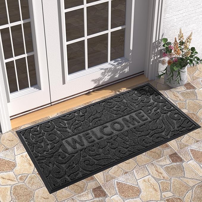 Yimobra Welcome Front Door Mat Outdoor, Heavy Duty Sturdy Non Slip Doormats, Rubber Backing, Low-Profile Entrance Rugs, Absorbent Resist Dirt, Easy Clean Patio Garage Floor Mats, 47X24 Inch, Black