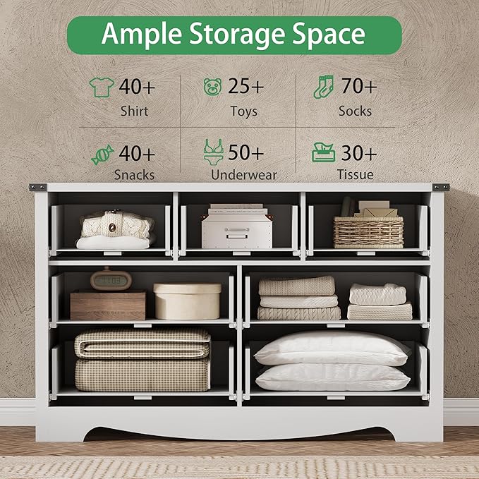 Dresser for Bedroom with 7 Drawers, 48" Wide Modern Chest of Drawers with Deep Drawers & Mental Handle, Wood Dresser TV Stand, Wooden Closet Storage Organizer for Living Room, Hallway, Entryway, White