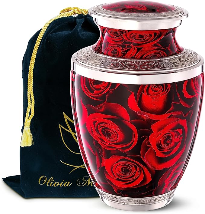 Crimson Rose Urn for Ashes for Women Men Adult | Cremation Funeral Decorative Red Urn for Male Female Adult Carefully Handcrafted with Pendant Necklace, for Dog Cat Pet