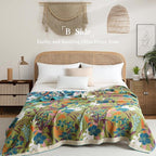 Boho Throw Blanket Twin Size, Soft Cozy Cotton Muslin Quilt Blanket for Bed Decor, Floral Patterned Couch Sofa Chair Cover, Vintage Farmhouse Cottage Tapestry Woven Blanket, Teal&Green