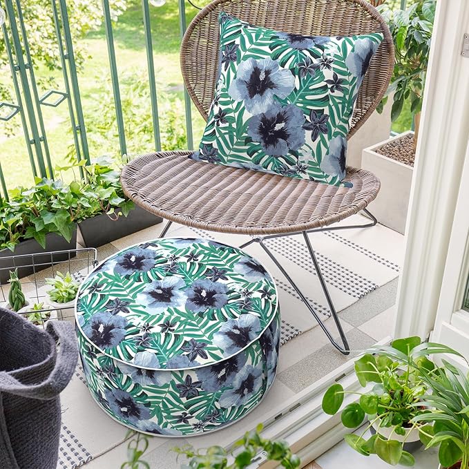 Inflatable Ottoman Stool D21 xH9 for Outdoor/Indoor Use, Water Repellent Patio Foot Rest with Portable Handle,Round Pouf Ottoman Suitable for Garden,Deck and Camping - Blue Salmone Tropical