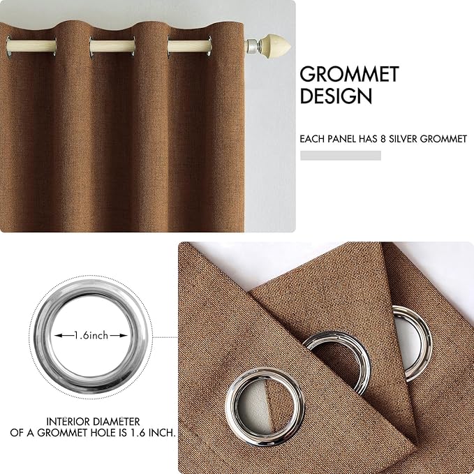 MIULEE Linen Curtains for Bedroom 100% Blackout Thermal Insulated Brown Grommet Room Darkening Curtains & Drapes Fall Decor for Living Room Nursery 52 x 45 Inch (2 Panels)