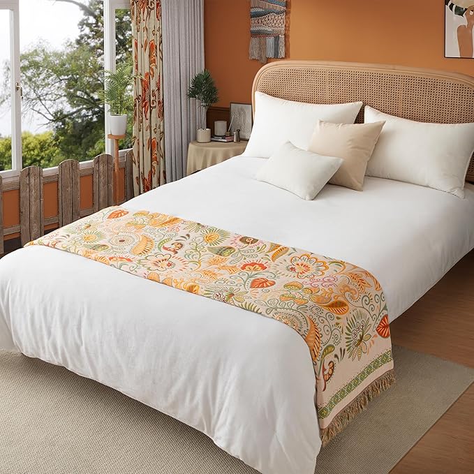 Boho Throw Blanket Full Size, Extra Large Soft Cozy Cotton Muslin Quilt Blanket for Bed Decor, Floral Patterned Couch Sofa Chair Cover, Vintage Farmhouse Cottage Woven Blanket, Coral&Green