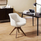 Art Leon Desk Chair No Wheels, Mid Century Modern Office Chair, Swivel Accent Chair with Oak Wood Legs, Boucle Fabric Upholstered Arm Chair, White