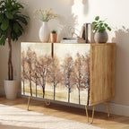 SIGNWIN Sideboard Buffet Cabinet, Kitchen Storage Cabinet with 2 Doors, Autumn Pastel Watercolor Forest Trees, Cupboard Console Table for Dining Room - 35" L x 18" W x 29" H